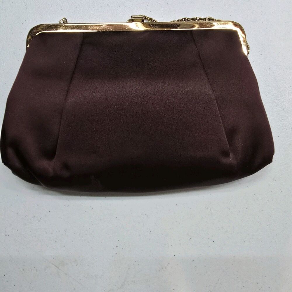 Vintage Miss Lewis Evening Bag Purse Clutch Burgundy Satin Gold Chain Kiss Lock - Picture 6 of 11
